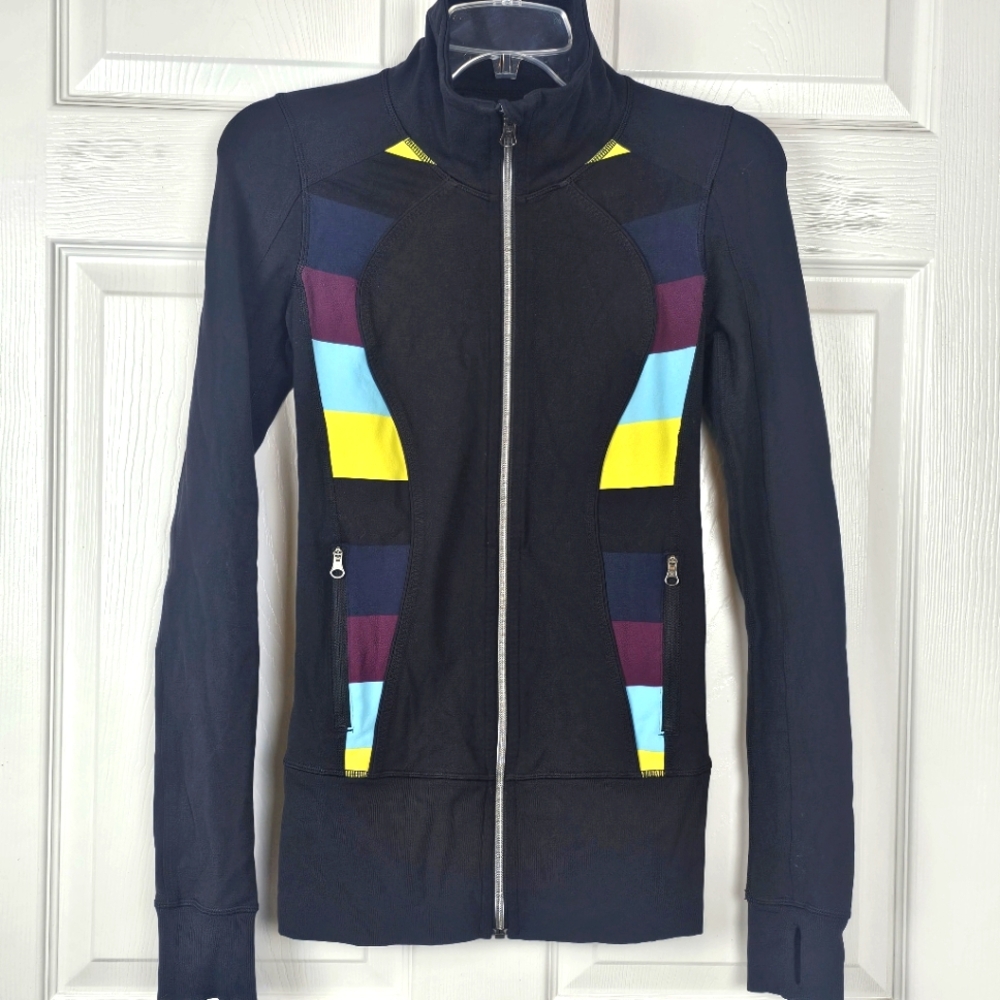 Lululemon Nice Asana Align Jacket Black/Pow Stripe Split Pea Size 2 P2P 15" Luon